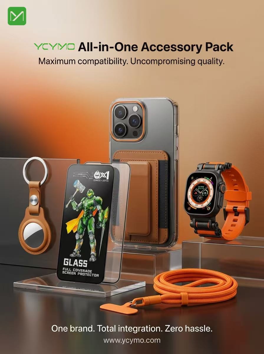 YCYMO All-in-One iPhone accessory pack with case, screen protector, AirTag holder, Apple Watch band, and orange lanyard