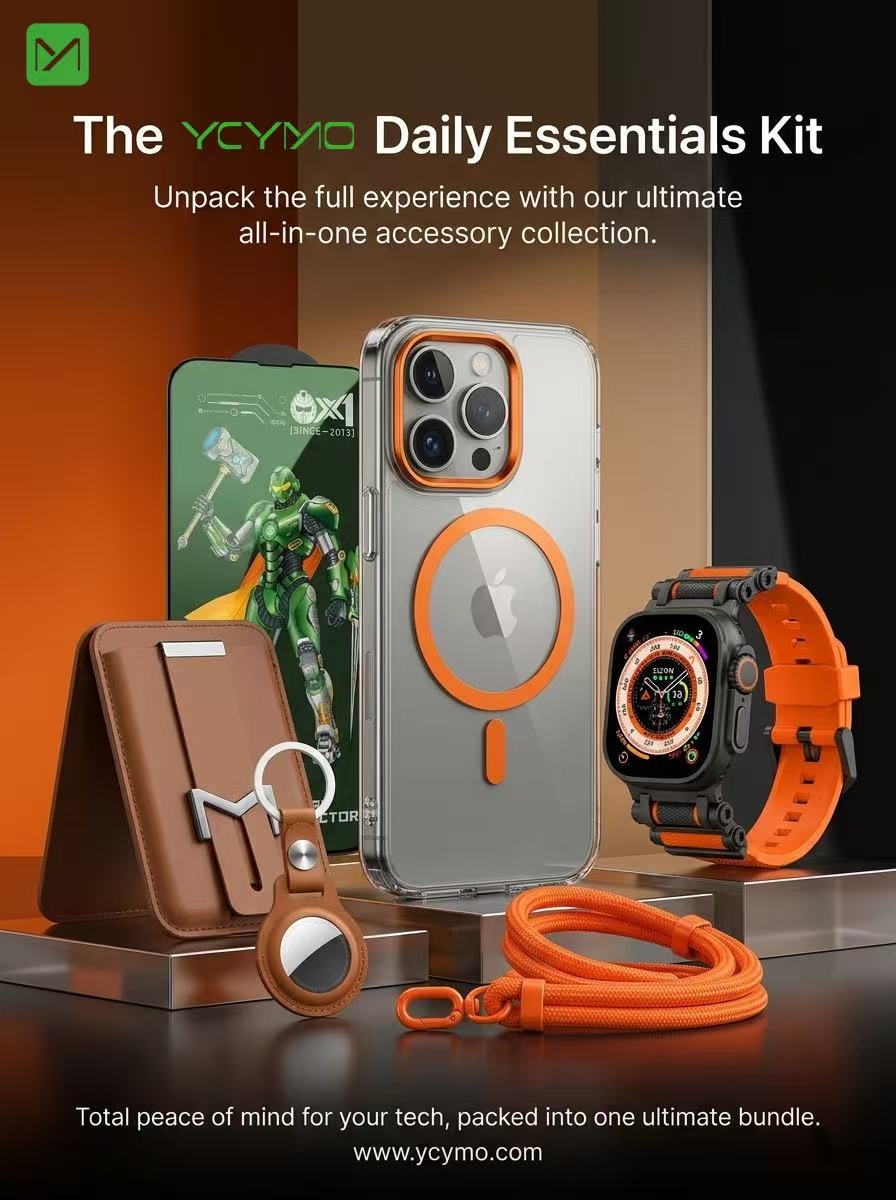 YCYMO Daily Essentials Kit MagSafe iPhone case, leather card holder, screen protector, AirTag loop, and Apple Watch strap