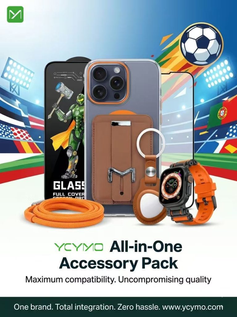 YCYMO sports-themed all-in-one tech accessory bundle for iPhone, Apple Watch, and AirTag with orange accents