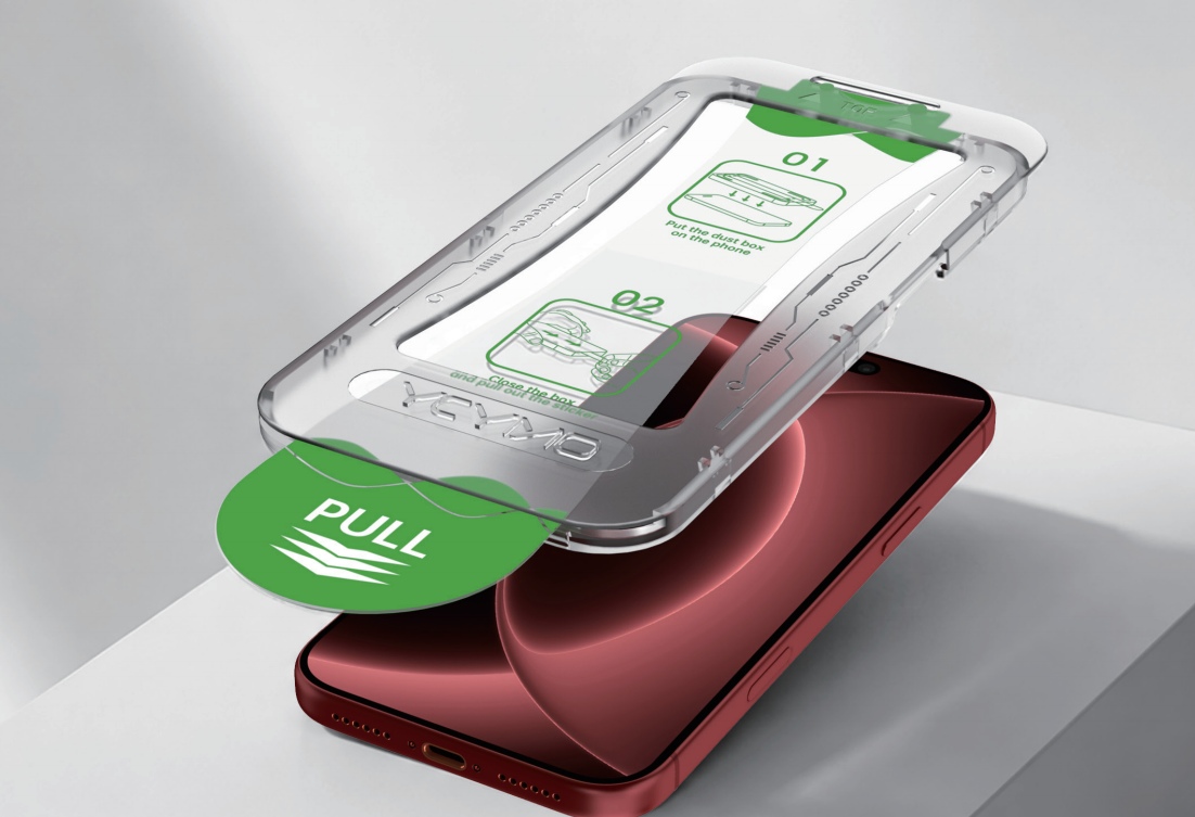 YCYMO screen protector with auto alignment installation tray placed over iphone