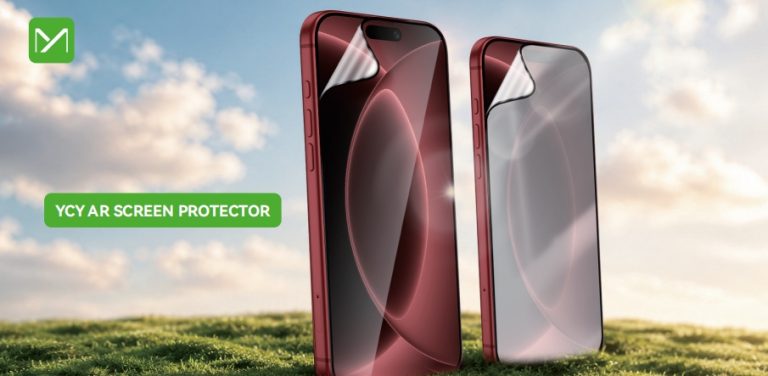 AR screen protector on red smartphone outdoor grass sky background