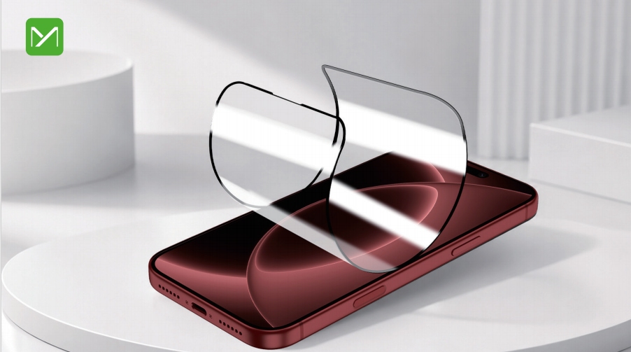 Two flexible phone screen protectors floating above red smartphone