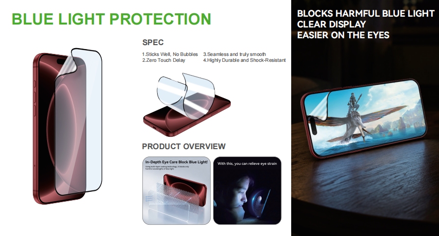Blue light protection phone screen protector product spec and application display